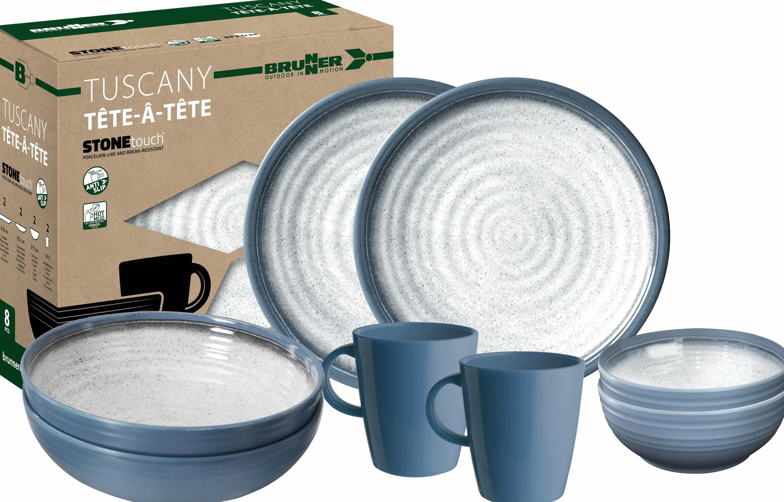 Brunner 0830143N.C5T Campinggeschirr Set für 2 Personen, Tête-À-Tête Tuscany, 8-teilig