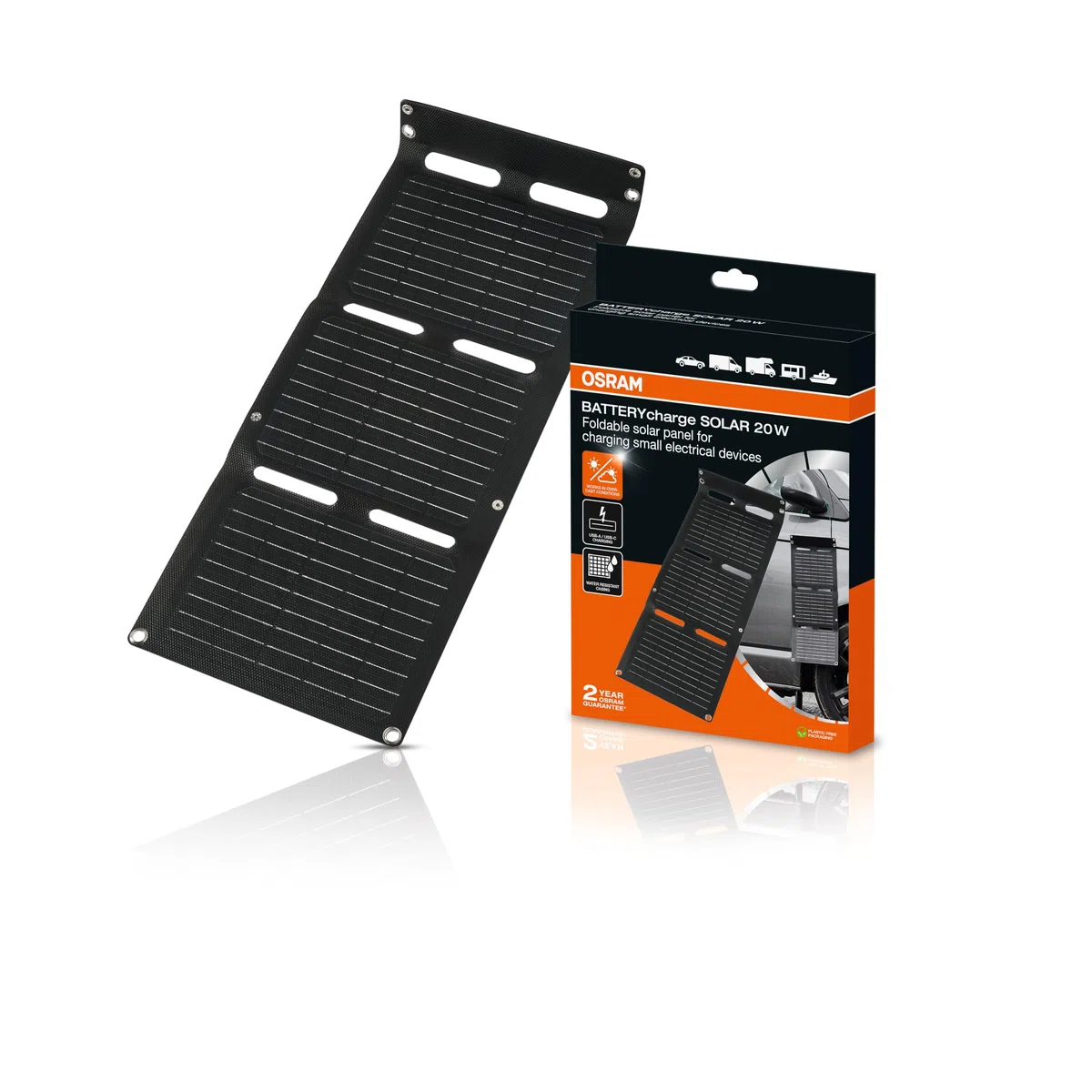 OSRAM BATTERYcharge SOLAR 20W inkl. USB, Solar-Batterieladegerät, faltbares Solarpanel zum Fernladen von Geräten, integrierter Ständer
