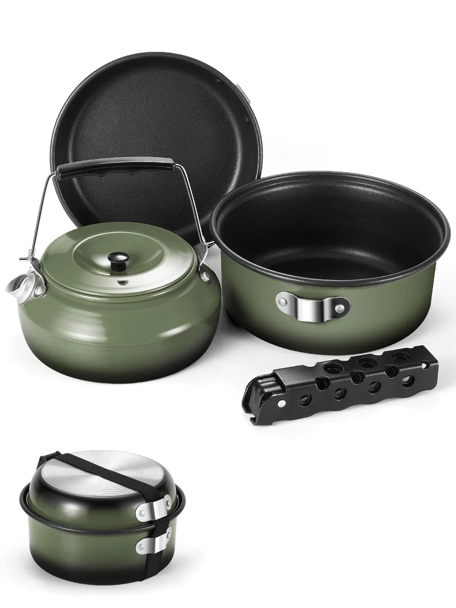 Odoland 5pcs Camping Geschirr Set, Antihaft-Leichtgewicht Topf Pfanne Kettle Set mit einem abnehmbaren Griff - Perfekt für Backpacking, Camping, Wandern und Picknick