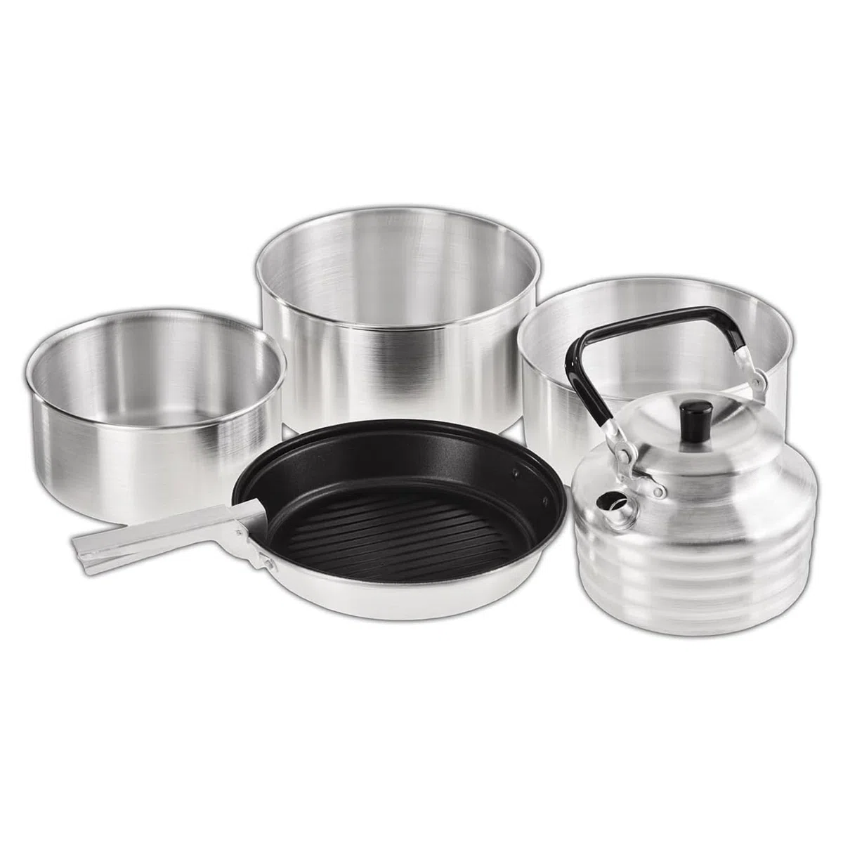 BLACK CREVICE Camping-Kochset I Camping-Kochgeschirr aus Aluminium I Outdoor-Kochgeschirr-Set I 3 Camping-Töpfe & 1 beschichtete Bratpfanne I Camping-Koch-Set inkl. Wasserkessel & Griff
