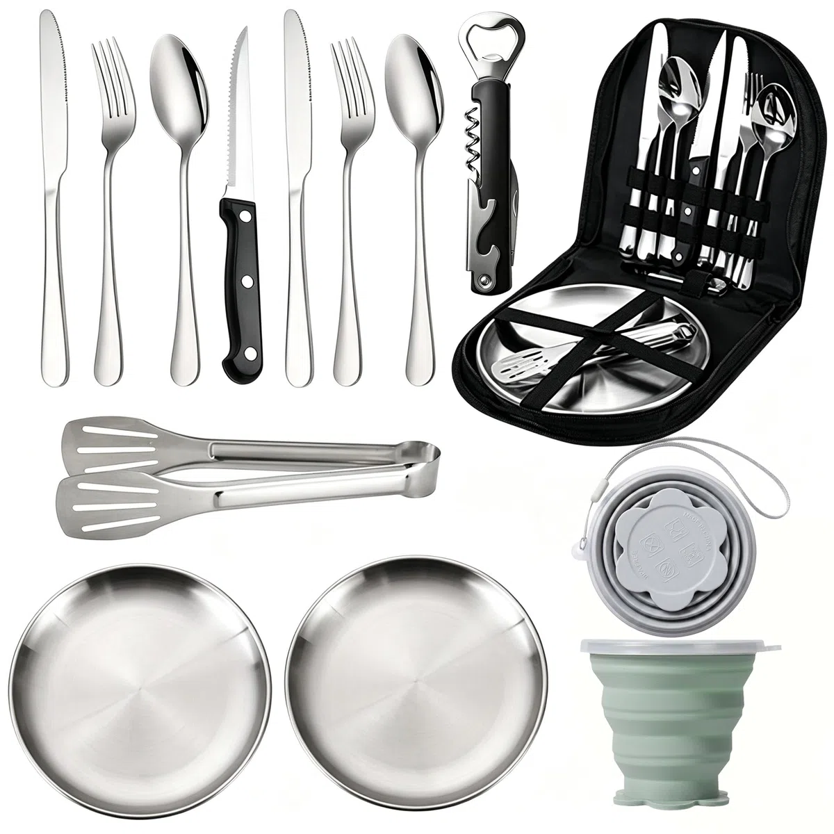 Camping Geschirr Set für 2 Personen 14-teilig Edelstahl Camping Bestecksatz | mit Tellern, Messern, Gabeln, Löffeln, 2 faltbaren Bechern – Outdoor Besteck für Picknick, Camping, Wandern & Grillen