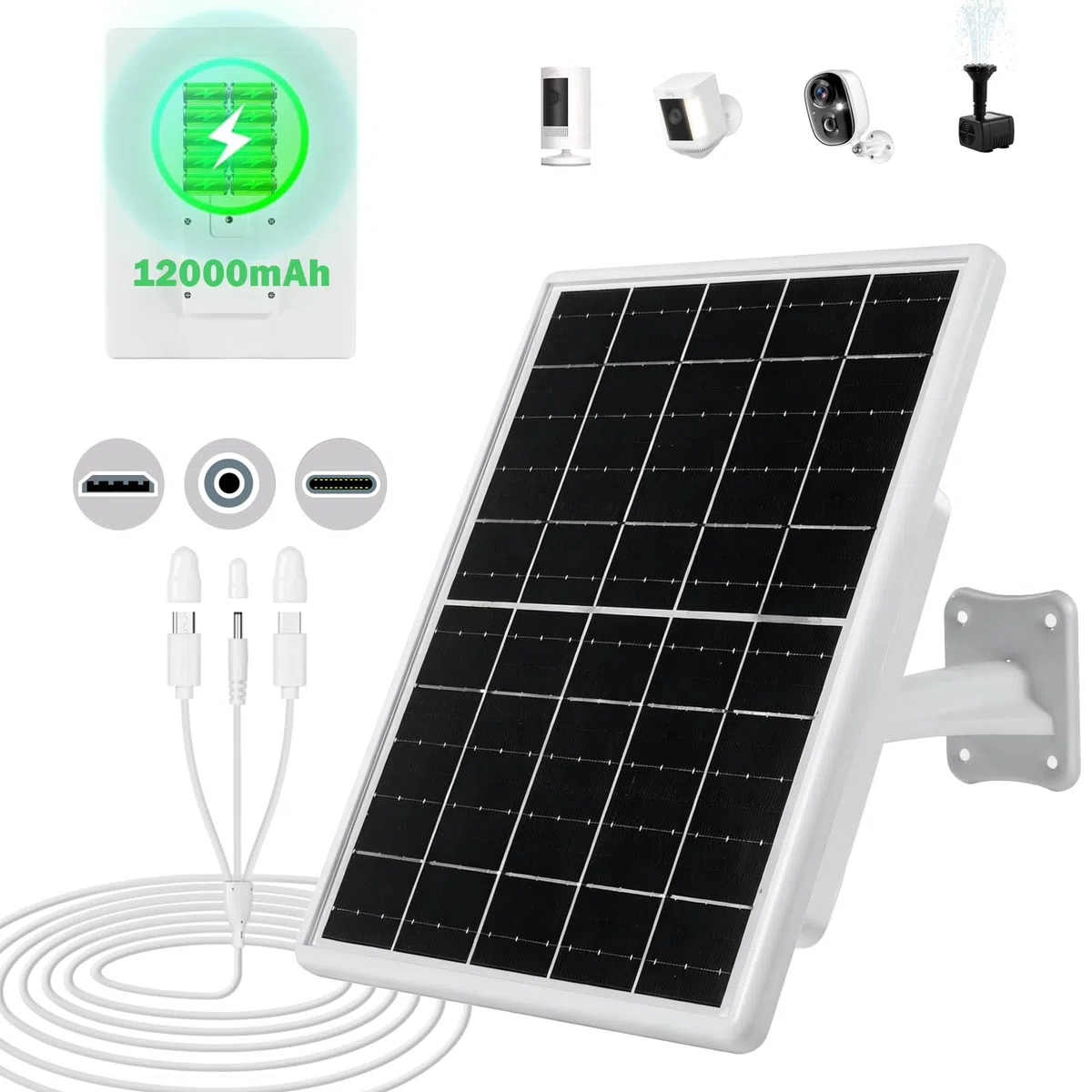 8W/5V Solarpanel mit eingebautem 12000mAh Akku, mit 1.5m langem 3-in-1-Ladekabel (Micro-USB, Typ-C und DC3,5x1,35 Stecker) für Überwachungskameras und Vogel-Fütterungskameras,Vogeltränke Stehend,IP65